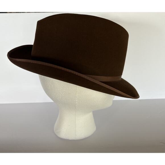 Vintage Dobbs Mens Brown Wool Felt Black Feather Fedora Hat 7 1/4 - Picture 3 of 16
